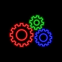 Cogwheel arrow neon sign. Bright glowing symbol on a black background. - 226196140