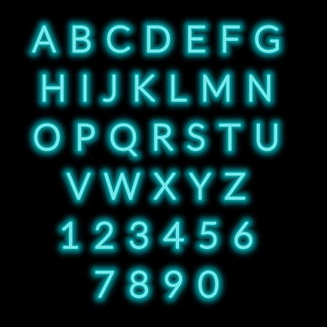 English alphabet and numbers. Neon style.
