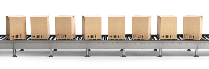 Delivery, packaging and e-commerce concept. Conveyor belt and cadrboard boxes isolated on white.