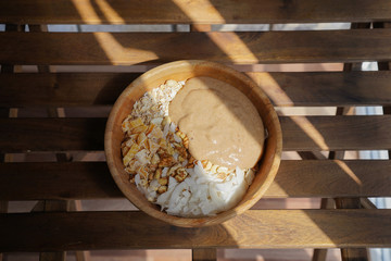 Preparation of granola, cooking process, healthy breakfast idea, vegan, dieting and detox concept.