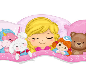 Kid Girl Sleep Stuffed Toys Illustration