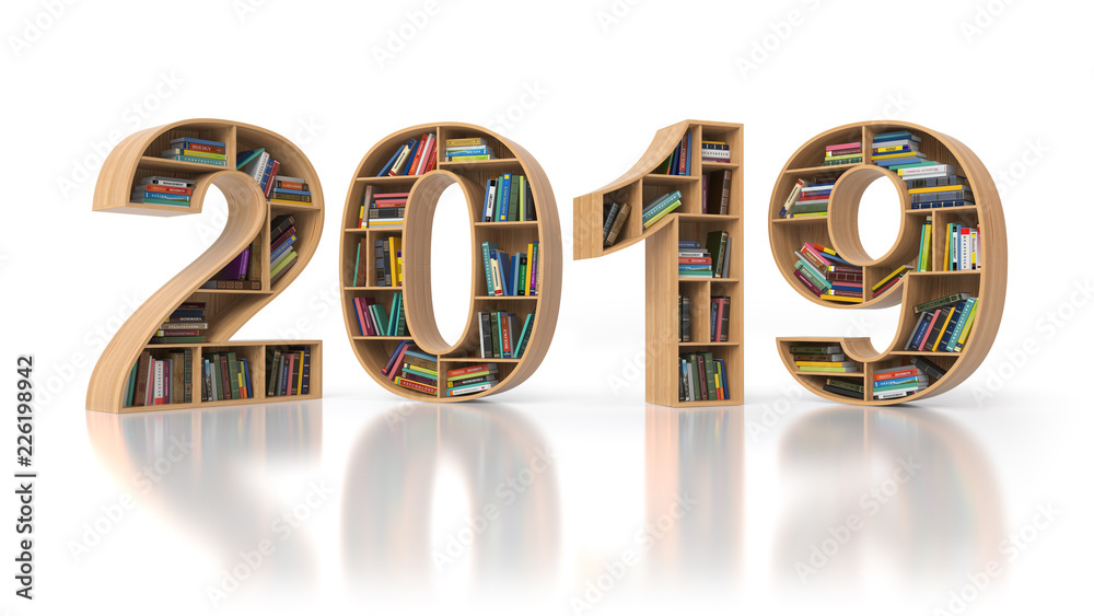 Aufkleber 2019 new year education concept. bookshelvs with books in the form of text 2019.
