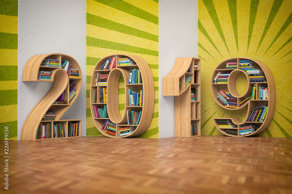 Poster 2019 new year education concept. bookshelvs with books in the form of text 2019.