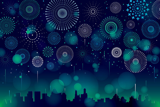 Vector illustration of a festive fireworks display with bokeh over the city background design.