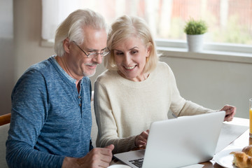 Happy old family couple talking using laptop having breakfast together, surprised excited senior woman looking at computer screen showing smiling middle aged husband online shopping sale on web site - Powered by Adobe