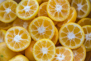 Close-up of citrus fruits of Calamondin cut in half.  Indoor culture of growing citrus plants. Citrus madurensis