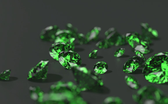Green Diamond Group In Dark Background, 3d illustration.