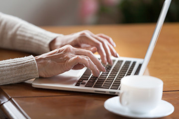 Mature female hands typing text on keyboard, senior elderly business woman working on laptop, old...