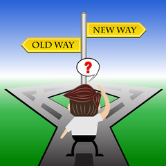 Metaphor humour design, Businessman confused in front of a choice Old Way or New Way