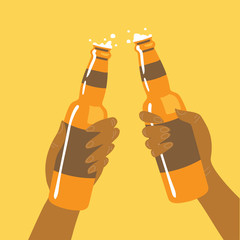 Flat isolated vector illustration of drinking beers, cheers, party. Two friend are drinking beers