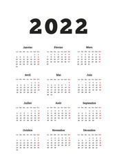 2022 year simple calendar on french language, A4 size vertical sheet isolated on white