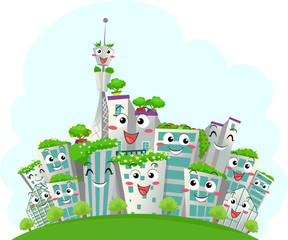 Mascot Eco Buildings City Illustration