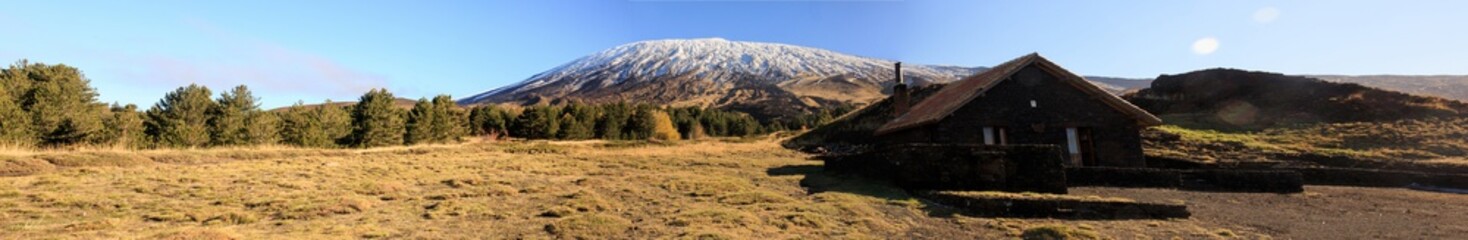 Panoramica vulcano siciliano Etna - Paesaggio primaverile innevato al mattino
