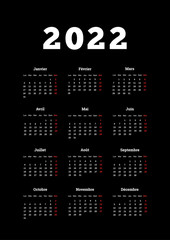 2022 year simple calendar on french language, A4 size vertical sheet on dark background