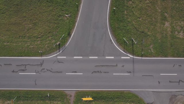 Drone flying over an small old broken street countryside