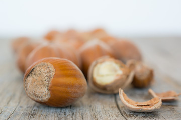 Hazelnuts in shells on the table