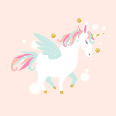 Naklejka premium White unicorn vector head with mane and horn on starry background.