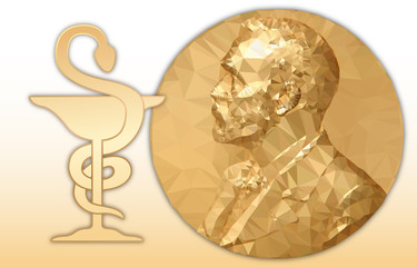 Nobel Chemistry award, gold polygonal medal and chemist cup symbol