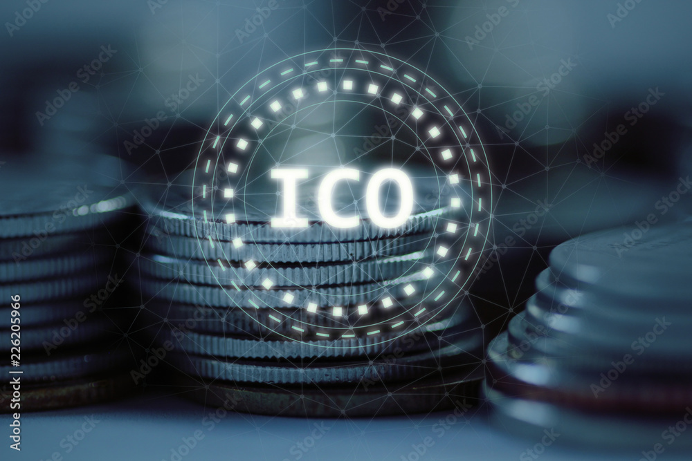Poster initial coin offering (ico) logo led hologram hover over pile stack of regular coins with wired netw