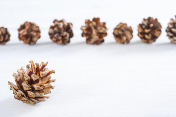 pine cones on white wood table, purity Christmas decoration