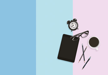 Table top workspace with pastel color background. Coffee time concept.