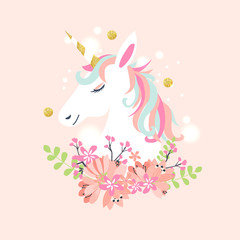 White unicorn vector head with mane and horn on starry background. © Lepusinensis