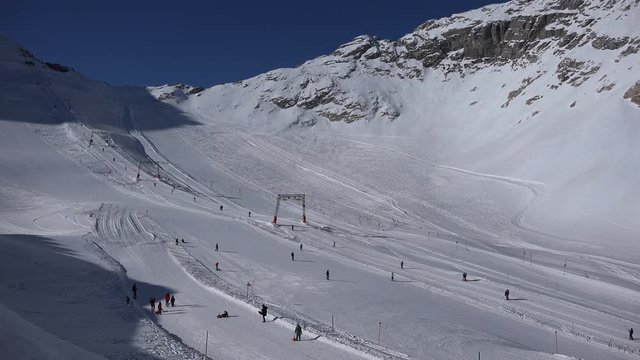 The upper part of the ski resort Zugspitze as seen from the Zugspitzplatt, central hub for all skiing lifts and the Zugspitz train glacier station.
