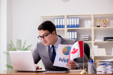Businessman with Canadian flag in office