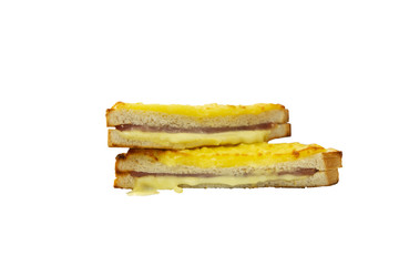 Sandwich Ham and Cheese Grilled Toasts on isolated white background.