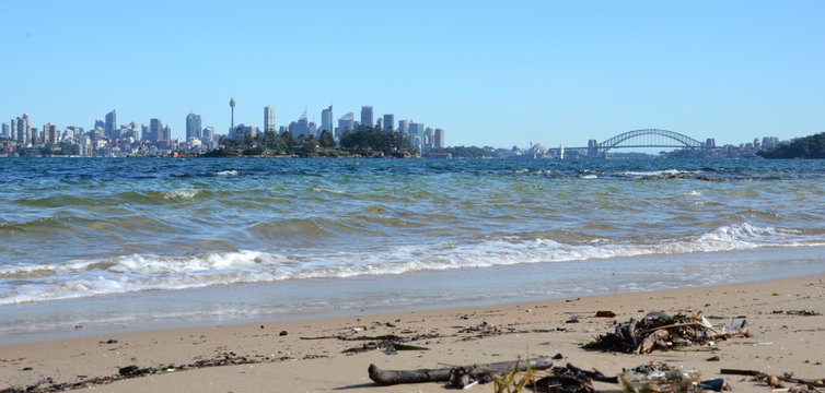 View of Sydney skyline and Sydney Harbour from Milk beach.
