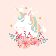 White unicorn vector head with mane and horn on starry background.