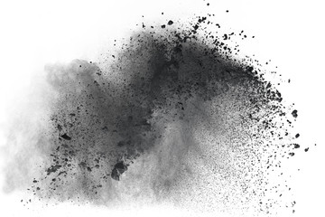 Black dust splash explosion isolated on white background - obrazy, fototapety, plakaty