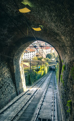 View from tunnel at morning light with funicular Railway in Citta Alta Bergamo.