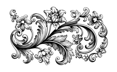 Flower vintage Baroque scroll Victorian frame border floral ornament leaf engraved retro pattern rose peony decorative design tattoo black and white filigree calligraphic vector - obrazy, fototapety, plakaty