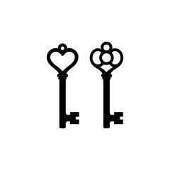 Vintage antique key design set. Retro keys black vector silhouette set.