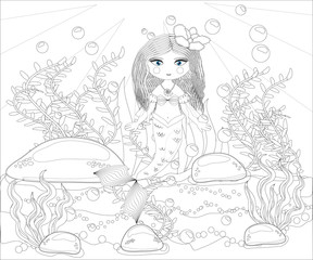 Coloring book for children: little mermaid and sea world