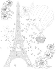 Zen art stylized Eiffel tower. Sketch, poster, children or adult coloring pages. France collection.Boho style