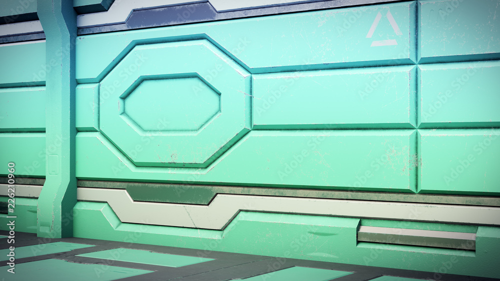 Wall mural 3d rendering of realistic sci-fi spaceship corridor
