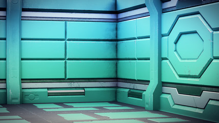 realistic old spaceship sci-fi corridor , 3D render.