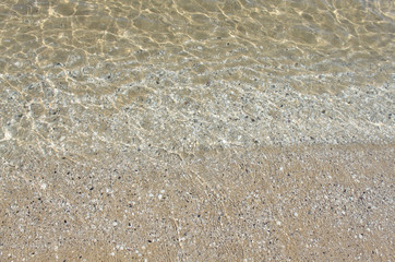 texture di acqua su sfondo di sabbia ricoperta di conchiglie spezzate nel Mare Adriatico