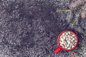 Christmas background with hot cocoa and marshmallow.