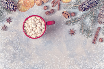 Obraz na płótnie Canvas Christmas background with hot cocoa and marshmallow.