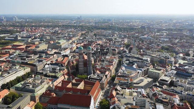 Aerial panoramic view of cityscape of Munich, Frauenkirche cathedral and Marienplatz square in historic city center, capital city of Bavaria from above - Germany, Europe