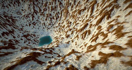 Extremely detailed and realistic high resolution 3d illustration of a mars like landscape with water