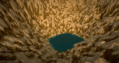 Extremely detailed and realistic high resolution 3d illustration of a mars like landscape with water