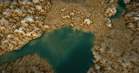 Extremely detailed and realistic high resolution 3d illustration of a mars like landscape with water