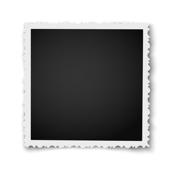 Retro realistic square photo frame with figured edges placed on white background. Vector photo mockup.