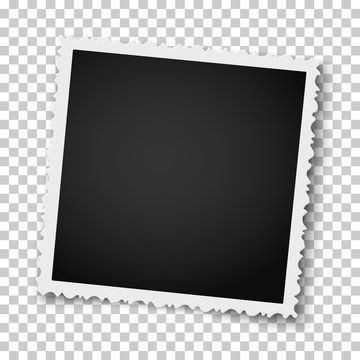 Retro realistic square photo frame with figured edges isolated on transparent background. Vector photo mockup.