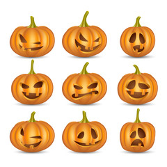 Set of spooky horror images of pumpkins. Scary Jack-o-lantern facial expressions Illustration