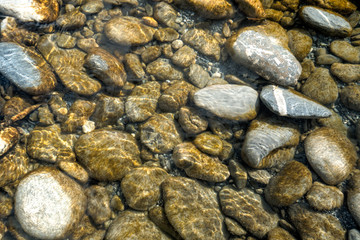 horizontal background of river and rocks with shimmer and reflections